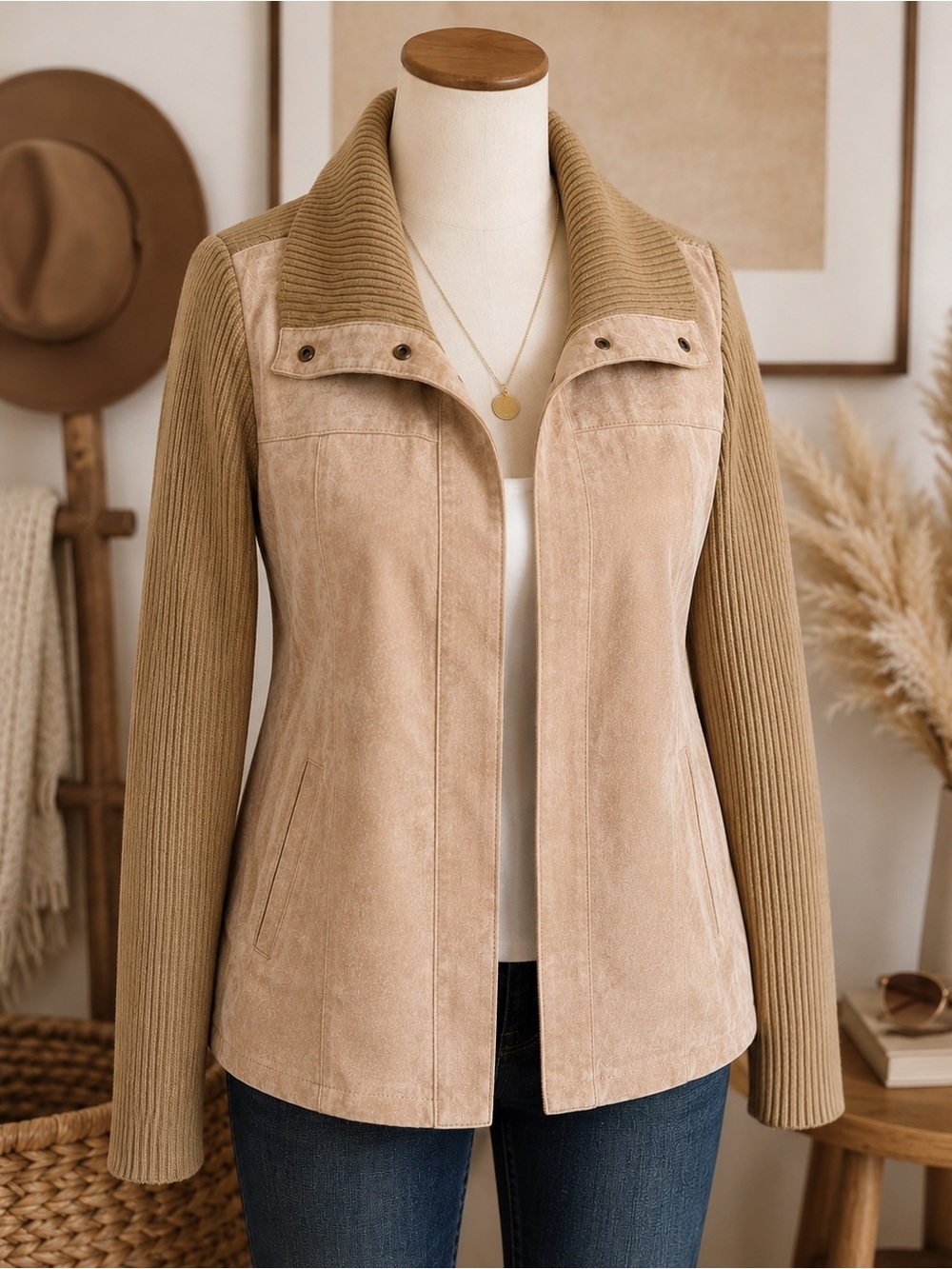 Bagatelle Leather Front Knit Jacket 1X Taupe Beige Moto Snap Button Sweater Coat